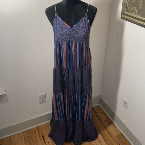 Chance for Fate tiered mixed print Boho casual maxi dress Sz L - Picture 2 of 9